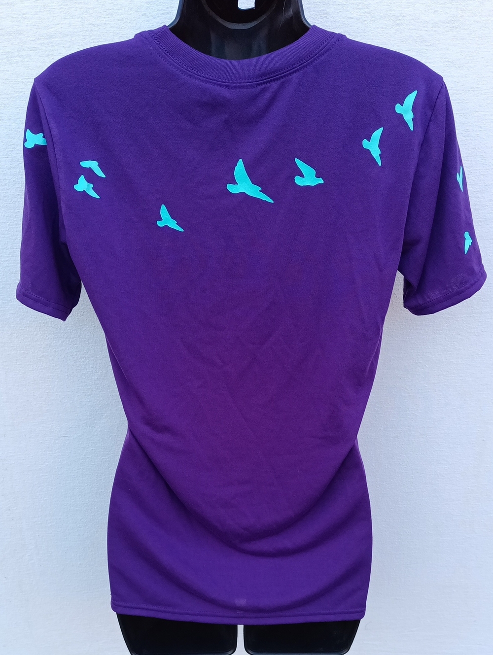 Upcycled Classic Royal Purple Crewneck T-Shirt with Teal Bird Print On Back